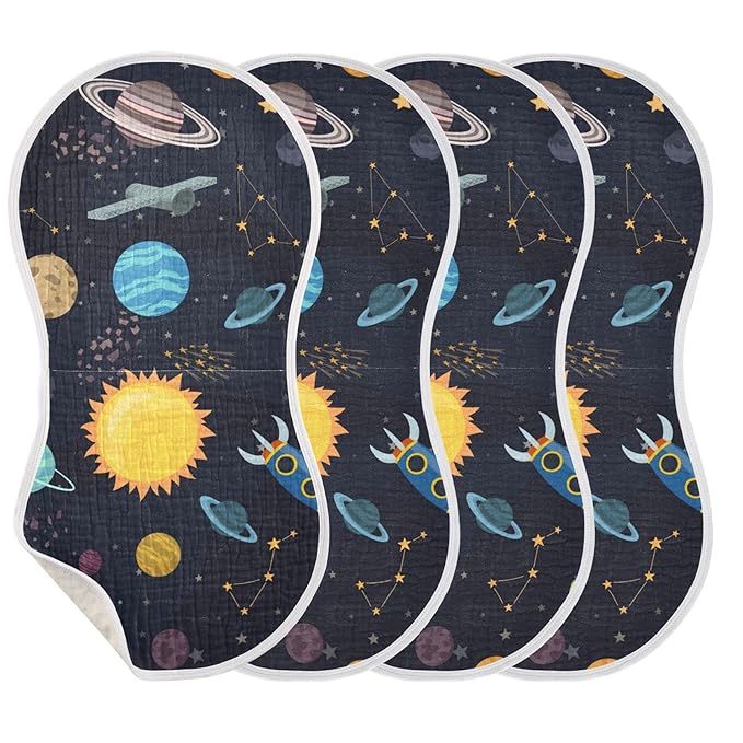 Kigai Carton Space Spaceships Muslin Baby Burp Cloths, Large Absorbent Cotton Muslin Burp Cloths Set of 1, Washcloths, Face Towel, Bibs for Newborn Boys Girls, 11 x22 Inch