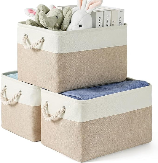 Storage Bins 3 Pack, Fabric Storage Basket for Collapsible Medium Canvas Storage Baskets for Organizing Shelf Nursery Home Closet with Cotton Rope Handle 15(L) x 11(W) x 9.5(H) inch(White&Khaki-3PCS)