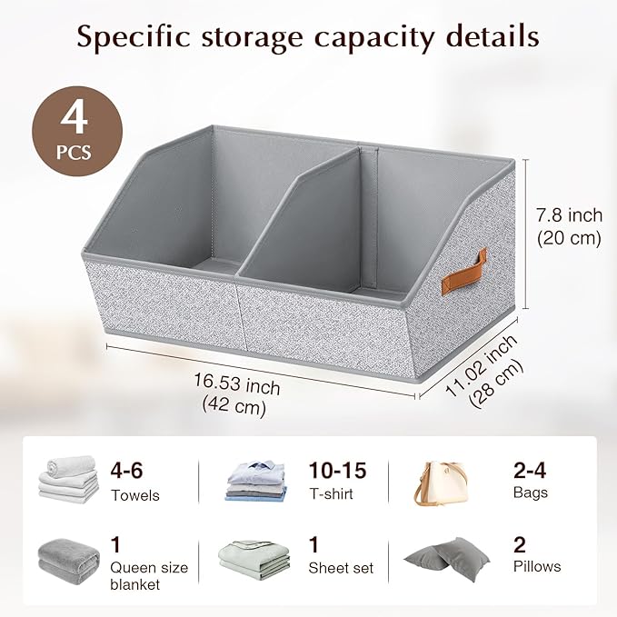 Closet Organizers and Storage Bins - 4 Pack Collapsible Divided Trapezoidal Cube Storage Bins Baskets with Orange Handle for Organizing Clothes Blankets, Toys, Books, Towels(Ant Gray)