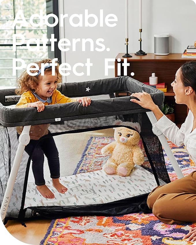 TotBasic Ultra Soft Pack N Play Sheets - Fitted, Premium Jersey Knit, Stretchy Neutral, Woodland Mini Crib Sheets for Graco Pack and Play, 2 Pack (Deer&Rabbit)