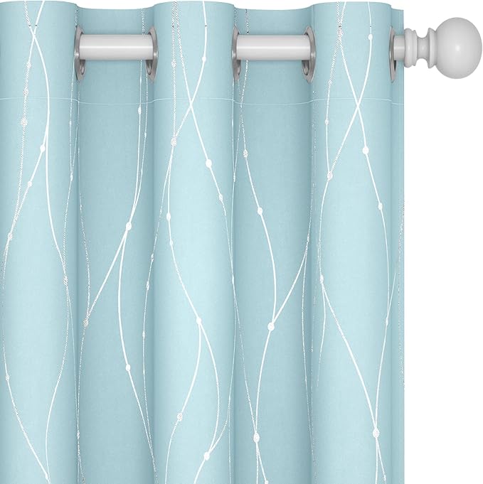 Deconovo Blackout Curtains, Thermal Insulated Soundproof Grommet Drapes, Wave Dot Foil Print, 42 x 54 Inch, Set of 2, Machine Washable Window Panel for Bedroom Living Room Nursery Kitchen, Light Blue