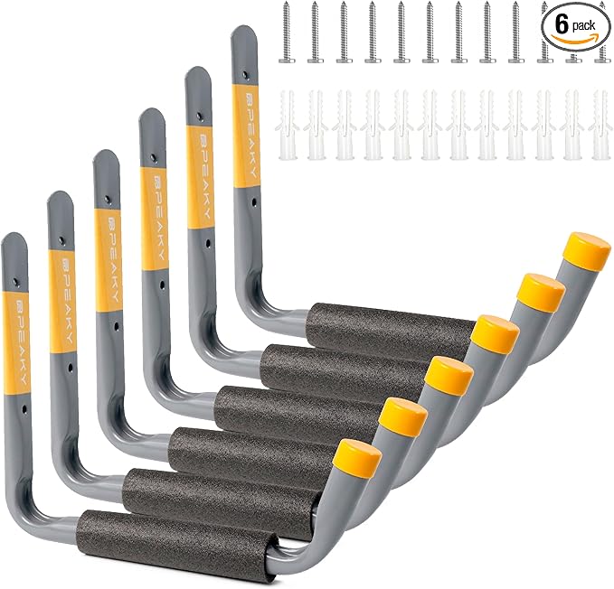 9.8" Ladder Hooks for Garage Wall, 6PC Garage Storage Hooks with Jumbo Arm, Heavy Duty Large Hooks for Tools, Bikes, Chairs, and Outdoor Organization