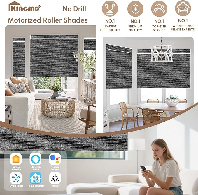 Kincmo No Drill Motorized Blinds with Remote, 100% Blackout Roller Shades for Windows, Custom Electric Blinds Compatible with Alexa, Apple Homekit, Google Home (100% Blackout Eclipse Anchor Grey)