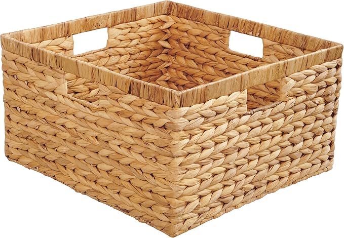 Large 17"x16"x9" (Set of 3) Water Hyacinth Woven Storage Basket – Handmade Natural Wicker Baskets Organizer Bin with Handles for Closet, Shelves, Laundry & Living Room (Natural (3 Pack))