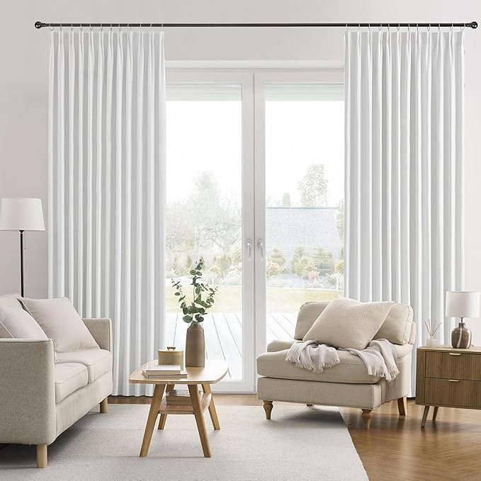 RAIN CITY Snow White Large Curtains 70 x 96 inch for Living Room Sliding Door 2 Panel Sets Back Tab Room Divider Pleated Linen Track Drapes for Bedroom Dining Room Farm House Cottage 8 Feet Long