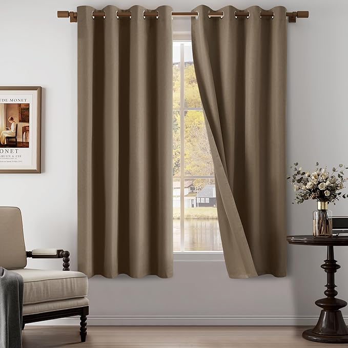 Brown 100% Blackout Linen Textured Curtains for Living Room, Bedroom, Light Weight Curtains with Grommets Top, Full Blackout Curtains Privacy Protection, Brown, 52" W x 72" L, 2 Panels