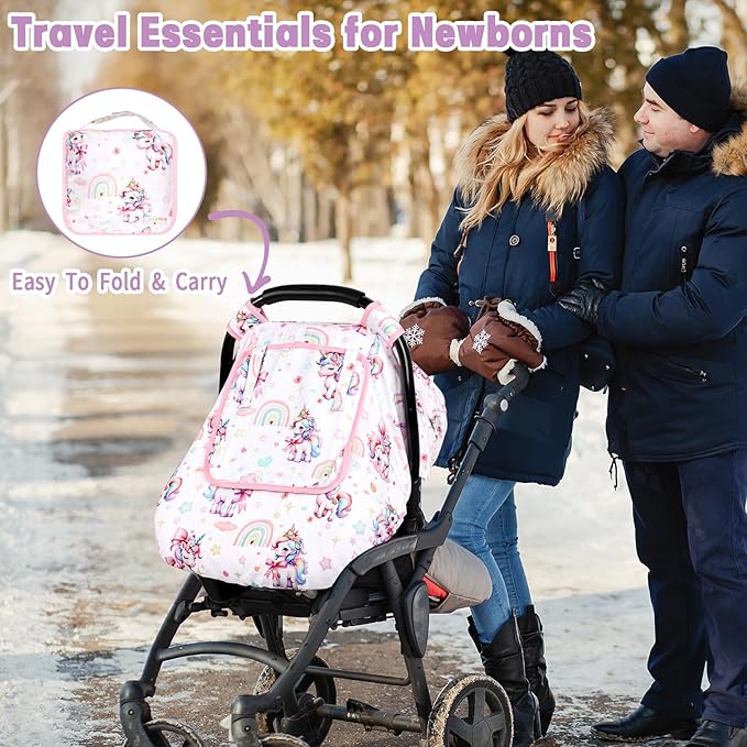 Car Seat Cover Baby, HNHUAMING Infant Car Seat Covers Canopy for Baby Girl Boy, Cozy & Windproof Unicorn Newborn Carseat Covers Minky Dot Backing Stroller Cover with Breathable Mesh Window, Rainbow