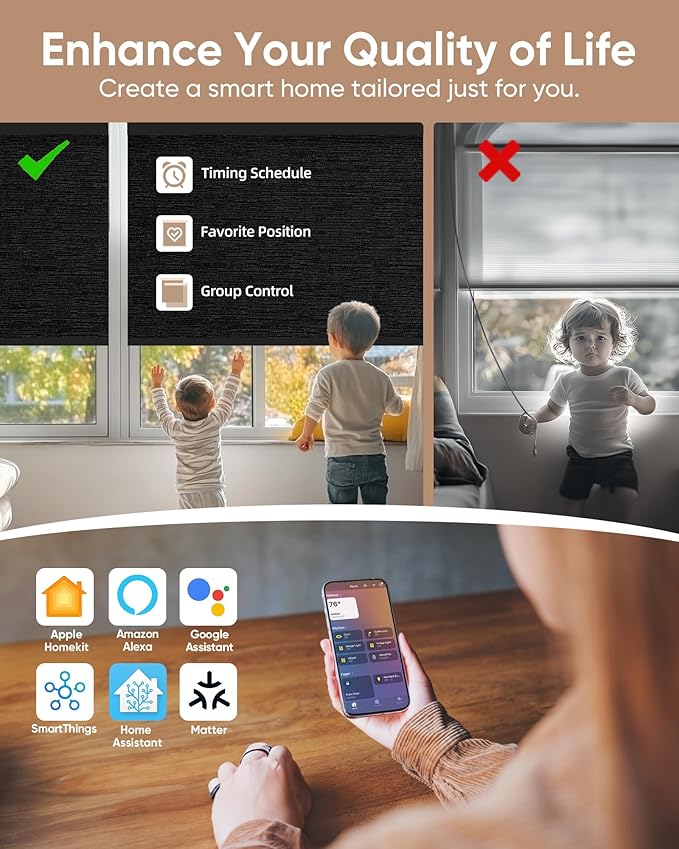 Kincmo Motorized Blinds with Remote,100% Blackout Motorized Roller Shades Work with Apple Homekit,Alexa,Google, Custom Electric Blinds with App,Voice Control (Aqua Waves Black)