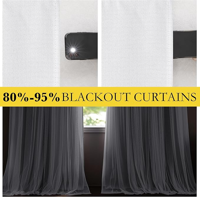 NICETOWN Linen Curtains with Sheer Overly 84 Inch Length 2 Panels for Living Room Grommet Top Farmhouse Bedroom Curtain Privacy Double Layer Curtain Drapes for Home Decor, 2 Panels, Greyish White