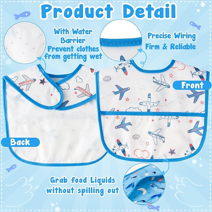 2ooya 6Pcs Baby Bibs for Eating Toddler Adjustable Feeding Bibs with Crumb Catcher Pocket Waterproof Sleeveless Teething Plastic Food Bib Set Infant Keepsake Gift for Baby Shower, 6-24 Months