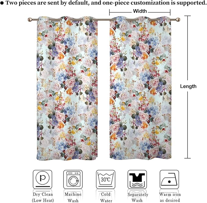 Renaiss Rustic Flower Window Curtains Watercolor Florals Painted for Living Room Decor Thermal Insulated Blackout Curtains for Bedroom Window Treatment & Drapes Grommet 53W x 108L Inch 2 Panel Set