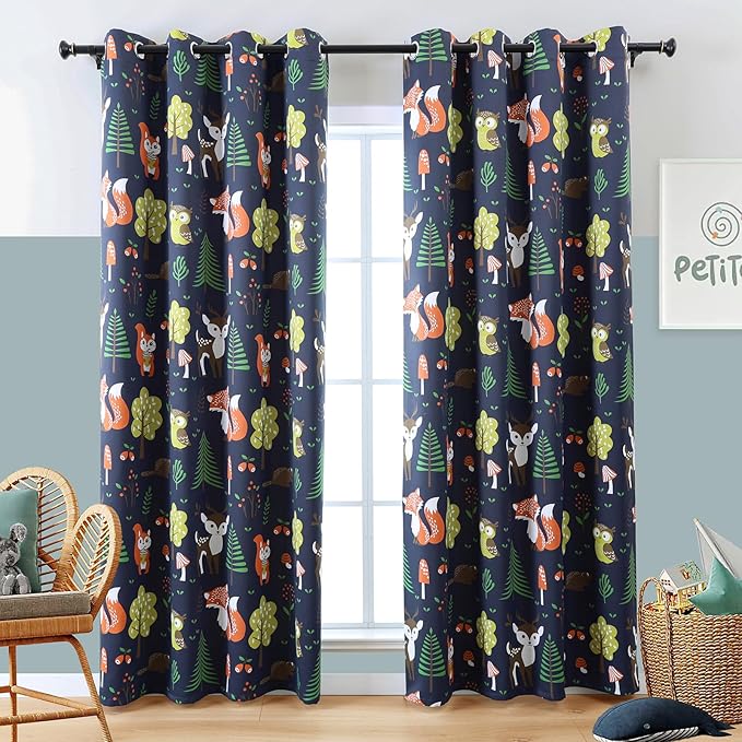 L.Z.E Navy Blue Kids Curtains for Bedroom Nursery, 85% Room Darkening Blackout Thermal Insulated Drapes for Boys Girls Room, Forest Animal Print Design Grommet Top 2 Panels Set, 52 x 72 Inch