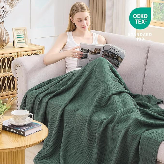 EMME Cotton Muslin King Blanket Big Oversized Bed Layering Bedspread Coverlet Breathable Gauze Soft Lightweight Blankets (Forest Green, 120"x94")