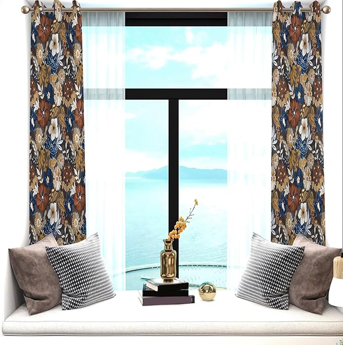 Renaiss Bohemian Floral Blackout Curtains, Blue Brown White Flower Thermal Insulated Bedroom Window Curtains, Boho Style Patterned Window Drapes for Living Room, 84" L x 53" W 2 Panel Set