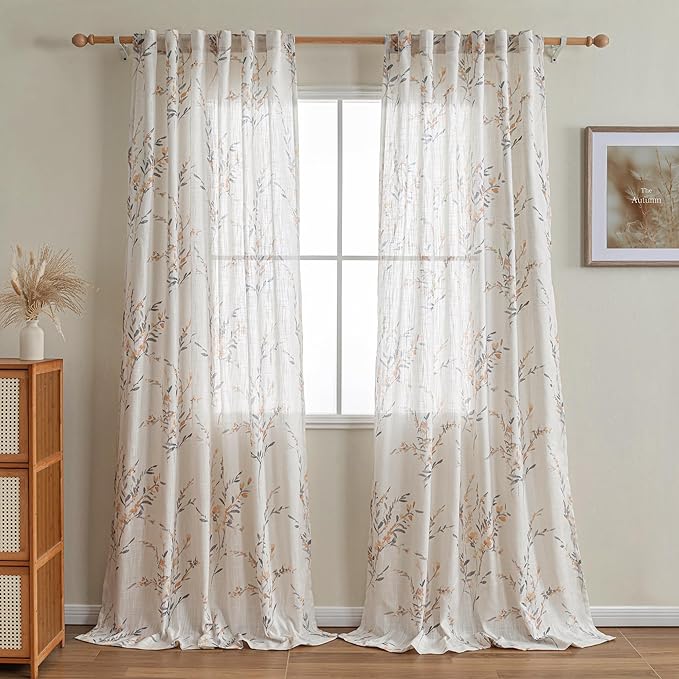 MYSKY HOME Living Room Curtains 95 Inch Length Semi Sheer Curtain Linen Look Floral Farmhouse Light Filtering French Country Window Curtain Panels for Dining Room, Yellow, 2 Pcs