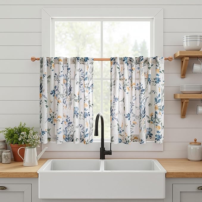 MYSKY HOME Linen Floral Kitchen Curtains 45 inch Length 2 Panels Set Over Sink - Light Filtering Semi Sheer Farmhouse Drapes Back Tab Rod Pocket for Small Windows, 50" Wide, Yellow and Blue, 2 Pcs