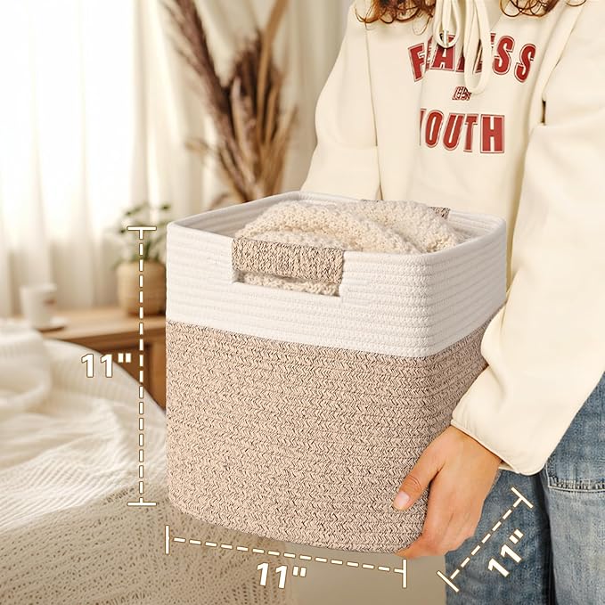 11 Inch Storage Cubes, 6 Pack Cube Storage Bins for Organizing, Cotton Rope Woven Baskets for Shelves, Bathroom, Kids Room, Closets, Baby Nursery