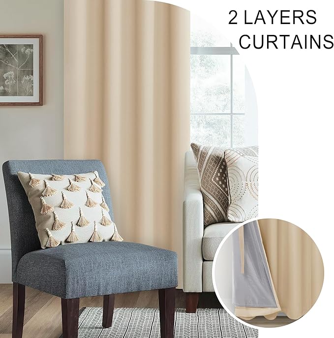 XWZO 100% Blackout Curtains - Double Layer Full Room Darkening and Energy Efficiency Rod Pocket & Back Tab Window Panels with Tiebacks for Living Room, Biscotti Beige, W52 x L95, Set of 2 Drapes