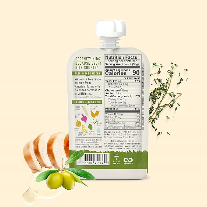 Serenity Kids 6+ Months Baby Food Pouches Puree Made With Ethically Sourced Meats & Organic Veggies | 3.5 Ounce BPA-Free Pouch | Free Range Chicken & Thyme, Parsnip, Beet | 1 Count