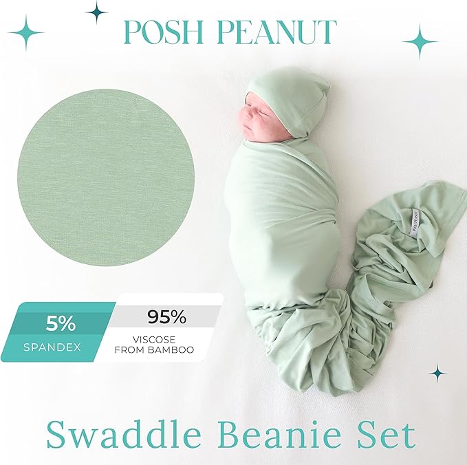 Posh Peanut Baby Swaddle Blanket & Beanie - Matching Newborn Swaddle Set, Doubles As Receiving Blanket or Nursing Cover (Sage)