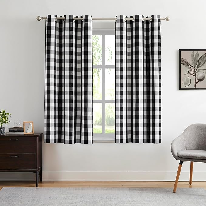 Amzdecor Buffalo Check Plaid Full Blackout Window Curtains 63 Inches Long for Bedroom Noise Reducing Total Room Darkening Grommet Drapes,Vintage Farmhouse Window Treatment,2 Panels,40"x63",Black White