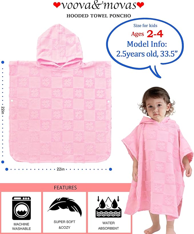 Toddler Bath Towels with Hood, Oversized (2-4Years,22"X22") Made from 100% Soft Cotton,Absorbent Hooded Poncho Towel for Baby Girl,Perfect for Pool | Swimming | Beach,Jacquard Checkered Pink Flower