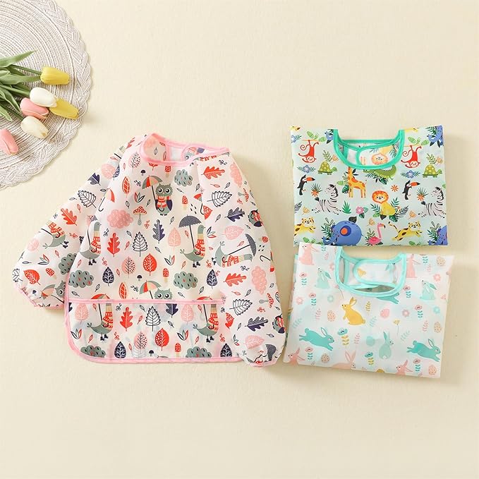 HaimoBurg 3 Pcs Waterproof Long Sleeves Baby Bibs Weaning Smock Bib 3-24 Months