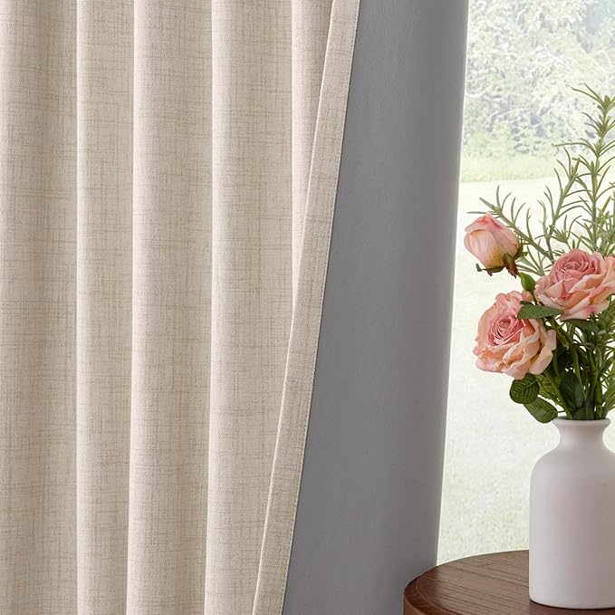 INOVADAY 100% Blackout Curtains for Bedroom, Black Out Curtains 84 Inch Long, Clip Rings Linen Blackout Drapes, Thermal Insulated Room Darkening for Living Room, 1 Panel - Cream,W102xL84