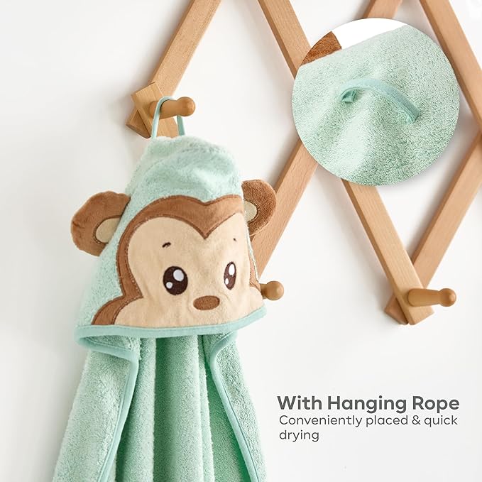 Bamboo Baby Towels with Hood – Mint Green 35x35” | Ultra-Soft Rayon from Bamboo & Cotton Bath Wrap | Adorable Monkey Hood for Newborns, Infants & Toddlers for Boys & Girls