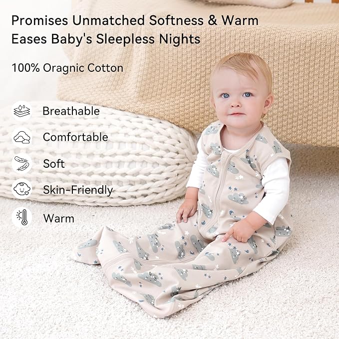 Unnivoll Baby Sleep Sack 6-12 Months 0.5 Tog Wearable Blanket Baby, 3 Pack 100% Cotton Lightweight Sleeping Sack with 2-Way Zipper for Newborn Infant Apricot White Sun Clouds