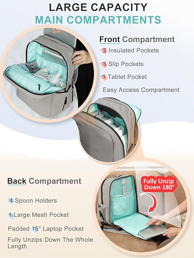 MOMINSIDE Diaper Bag Backpack - Large Puffer Diaper Bag - Neoprene Diaper Bag Quilted Baby Bag, Large Changing Pad, 15 Pockets, Lightweight, Grey
