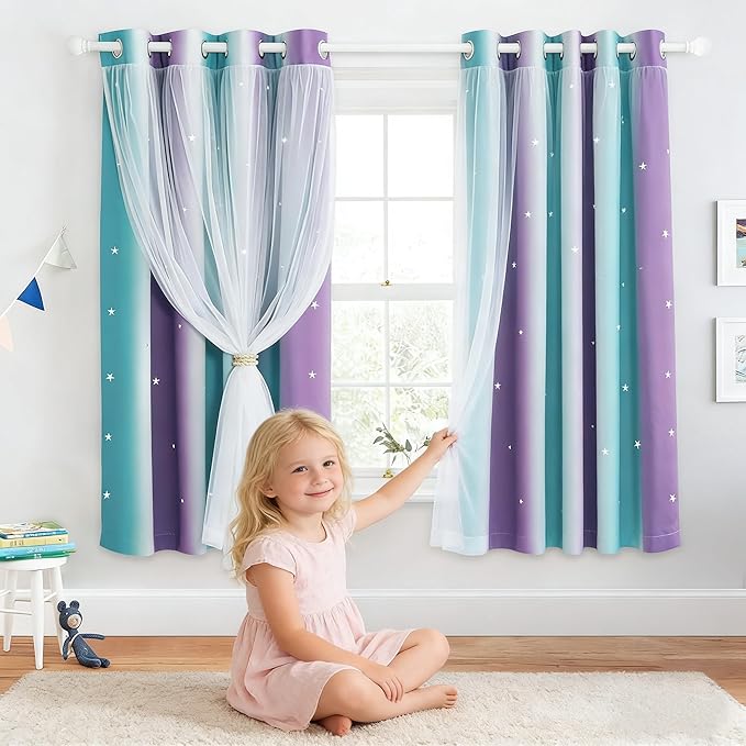 NICETOWN Star Ombre Rainbow Blackout Curtains for Kid Girls Bedroom Living Room Decor Darkening Grommet Stripe Gradient Window Curtain for Sliding Glass Door (Teal Purple, 70" W x 63" L, 1 Panel)