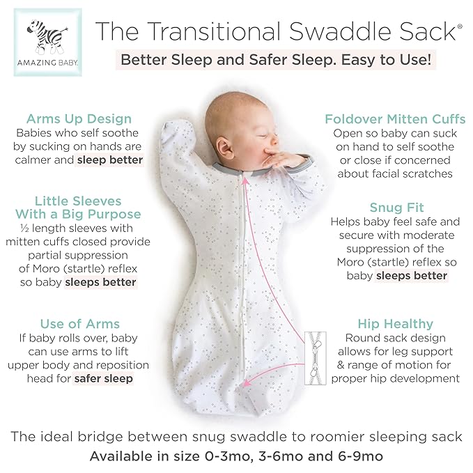 Amazing Baby Transitional Swaddle Sack, Arms Up Half-Length Sleeves & Mitten Cuffs, Swaddle for Newborn Transition to Baby Sleep Sack Wearable Blanket, Large, 6-9 Month, 21-24 lb, Sterling Confetti