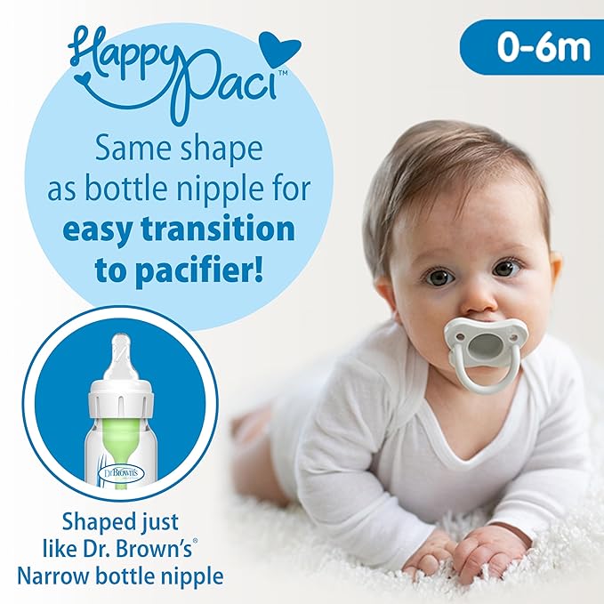 Dr. Brown's Anti-Colic Options+ Narrow Glass Baby Bottle Starter Set with Silicone Bottle Sleeves, Levels 1, 2, and 3 Nipples, Soft Touch Cleaning Brush, Storage/Travel Caps, and HappyPaci