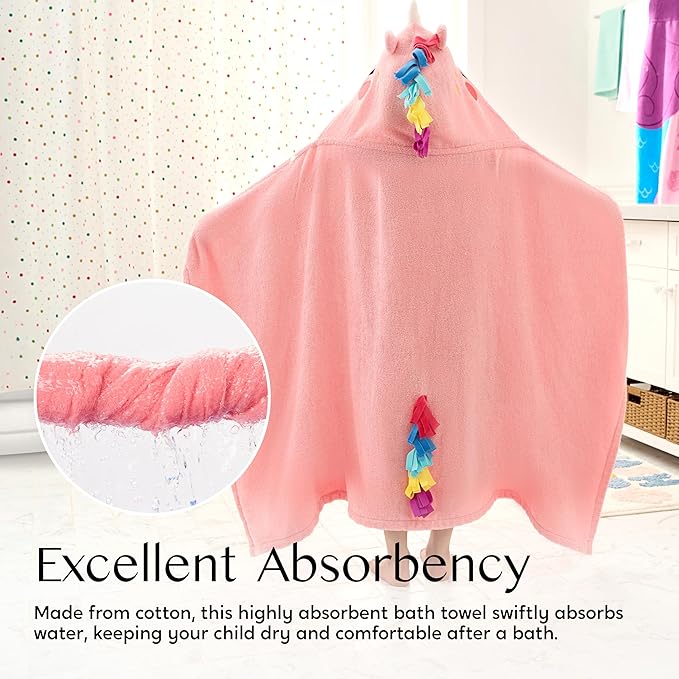 Joiedomi Unicorn Hooded Towel for Kids Soft 100% Cotton Bath Beach Towel 30" x 50" for Kids 3-10 Years Toddler Pool Poncho with Hood Absorbent Swim Wrap for Boys Girls