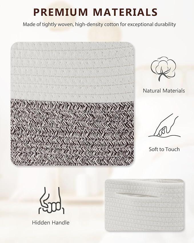 Cube Storage Bin 11" x 10.5" x 10.5" Cotton Rope Basket Square Woven Storage Basket for Shelves, Closet Organizer, Soft Towel Sock Basket, White/Brown, 1 Pack