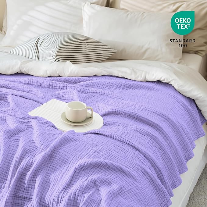 Carriediosa 100% Cotton Muslin Throw Blanket 50" X 70" Twin XL Size，4-Layers Summer Gauze Throws for Bed Couch，Soft Lightweight Breathable Linen Blankets Bedspread for Adults All Season，Light Purple