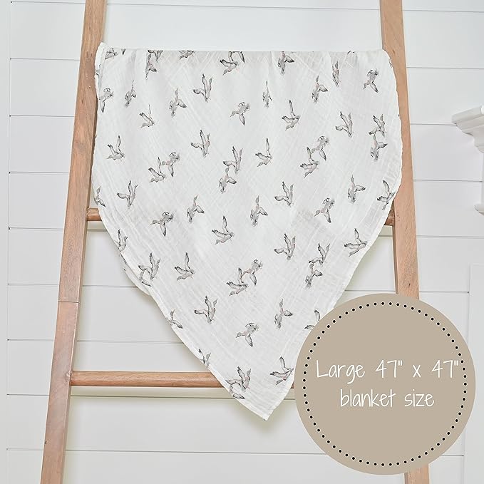 LollyBanks Muslin Swaddle Blankets 2PACK, 100% Cotton Baby Blanket 47 x 47 Inches, Large Baby Swaddle Breathable, Muslin Blankets for Boys and Girls (Mallard Duck and Grey)