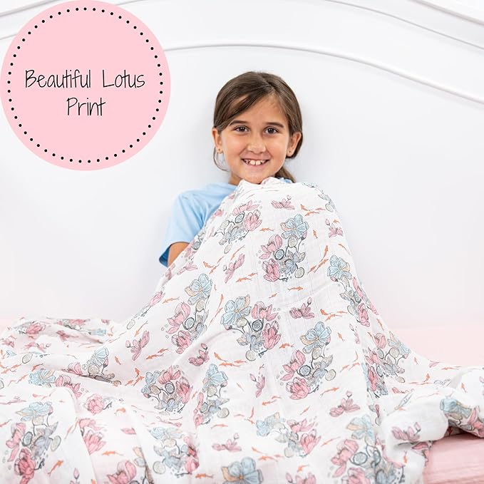 LollyBanks Baby Blanket, 100% Cotton Muslin Swaddle for Baby Girls, Soft and Breathable 47 x 47 Inches Receiving Blanket, Lightweight Newborn Swaddle, Newborn Essentials Must Haves (Lotus Print)