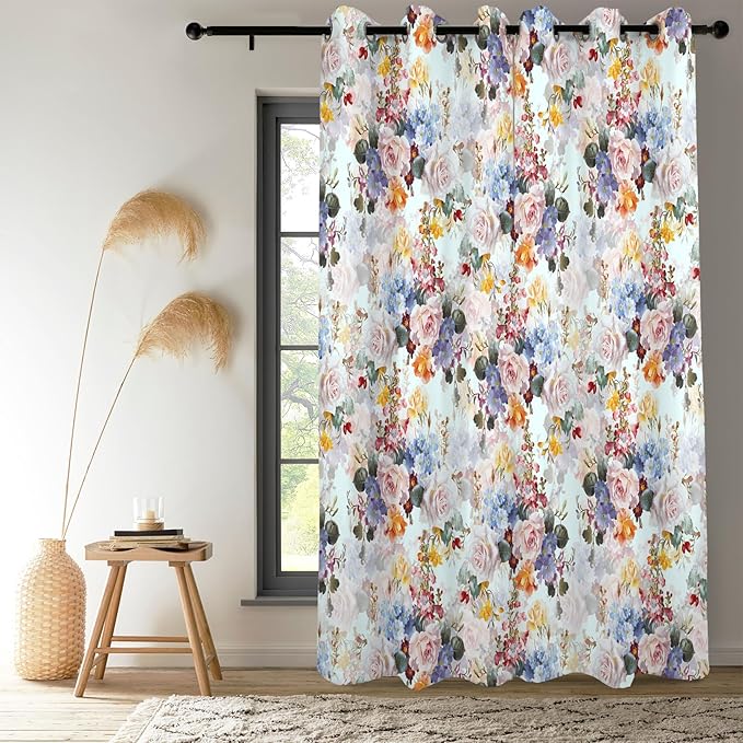 Renaiss Flower Blossom Curtains Watercolor Floral Painting Thermal Insulated Window Curtains for Living Room Bedroom Blackout Window Drapes Grommet Top 29W x 55L Inch 2 Panel Set