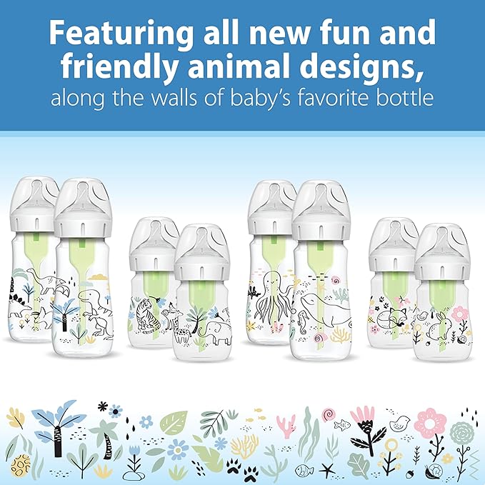 Dr. Brown's Anti-Colic Options+ Wide-Neck Baby Bottle Designer Edition Bottles, Jungle Decos, 5 oz/150 mL, Level 1 Nipple, 0m+, 2-Pack