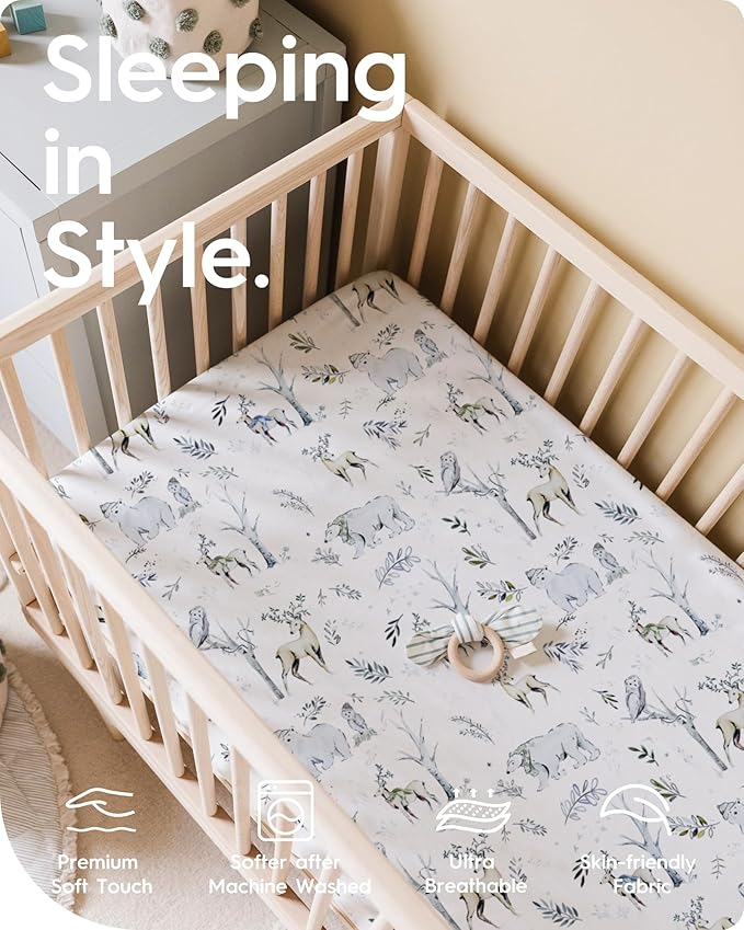 TotBasic Ultra Soft Pack N Play Sheets - Fitted, Premium Jersey Knit, Stretchy Neutral, Woodland Mini Crib Sheets for Graco Pack and Play, 2 Pack (Deer&Rabbit)