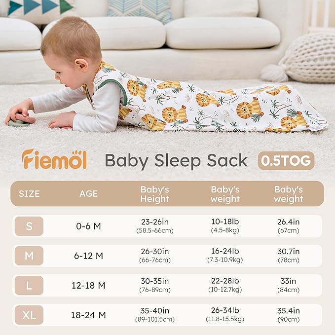 FIEMOL Baby Sleep Sack 18-24 months, 100% Cotton Sleep Sack for Newborn, Wearable Blanket Baby, 0.5 Tog Lightweight Double Zipper Sleeping Bag Lion 1 Pack