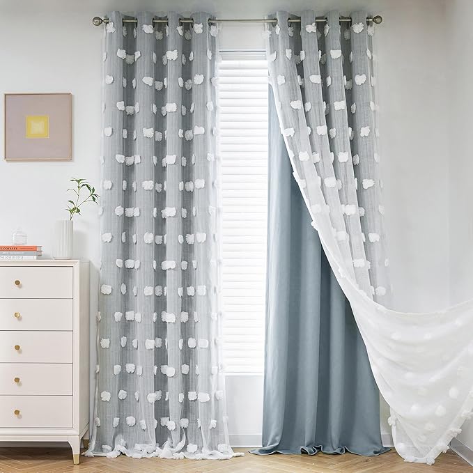 MYSKY HOME Room Darkening Curtains White Sheer Pom Pom Curtains for Living Room Dusty Blue Blackout Curtains for Sliding Door Decor Drapes 2 Layer Window Panels Boys Bedroom Grommet 2 Sets W52 X L95