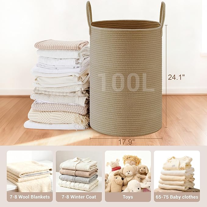 Tall Laundry Basket with Handles, 100L Portable Dirty Clothes Hamper, Boho Cotton Rope Storage Bin for Blankets Kids Toys Gifts, Extra Large Organizer for Baby Nursery Bedroom Bathroom, Jute