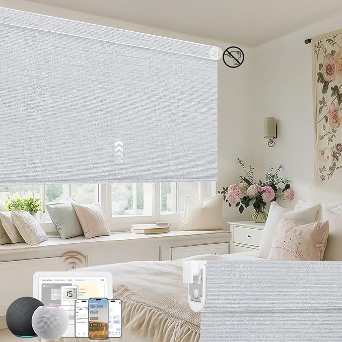 Kincmo No Drill Motorized Blinds with Remote, 100% Blackout Roller Shades for Windows, Custom Electric Blinds Compatible with Alexa, Apple Homekit, Google Home (100% Blackout Elegant Light Grey)