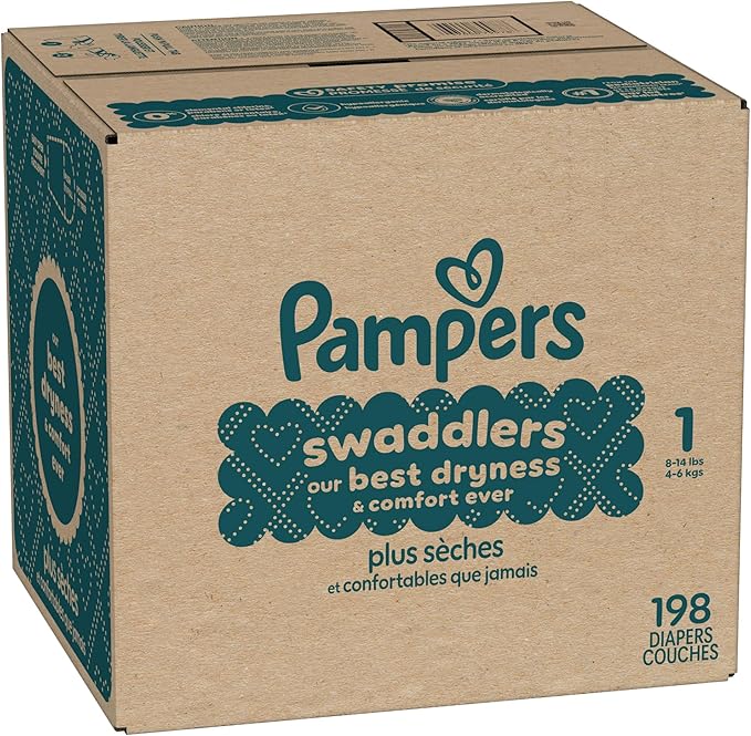 Pampers Swaddlers Diapers, Size 1 (8-14 lbs), 198 Count, Absorbent, Keeps Baby Dry and Comfortable, Skin Safe Disposable Baby Diaper (Packaging May Vary)