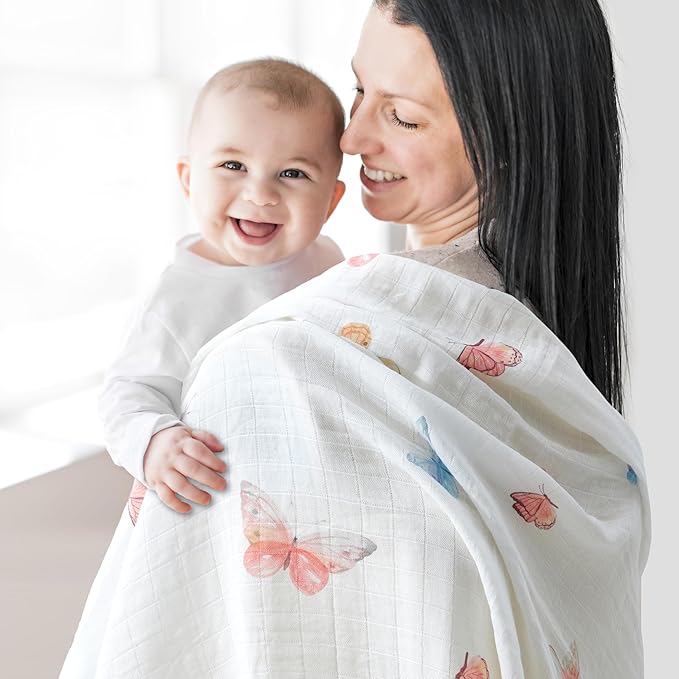 2-Pack 100% Cotton Muslin Swaddle Blankets, Large 47 x 47 Inches — Breathable Soft Receiving Blankets for Newborns, Swaddling Wraps, Baby Essentials, Registry Gift (Butterfly & Bloom Duo)