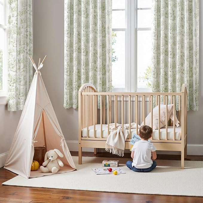 jinchan 95% Blackout Nursery Curtains 63 Inches Long, Bunny Woodland Toile Curtains Sage Green on Beige Animal Printed Drapes Rod Pocket Thermal Insulated Bedroom Farmhouse Window Treatment 2 Panels