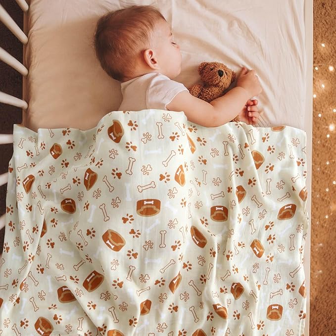 LifeTree Baby Swaddle Blankets, Muslin Swaddle Blankets Unisex Swaddling Wrap Receiving Blanket, 70% Viscose from Bamboo and 30% Cotton, Large 47" x 47", Dog Elements Pattern